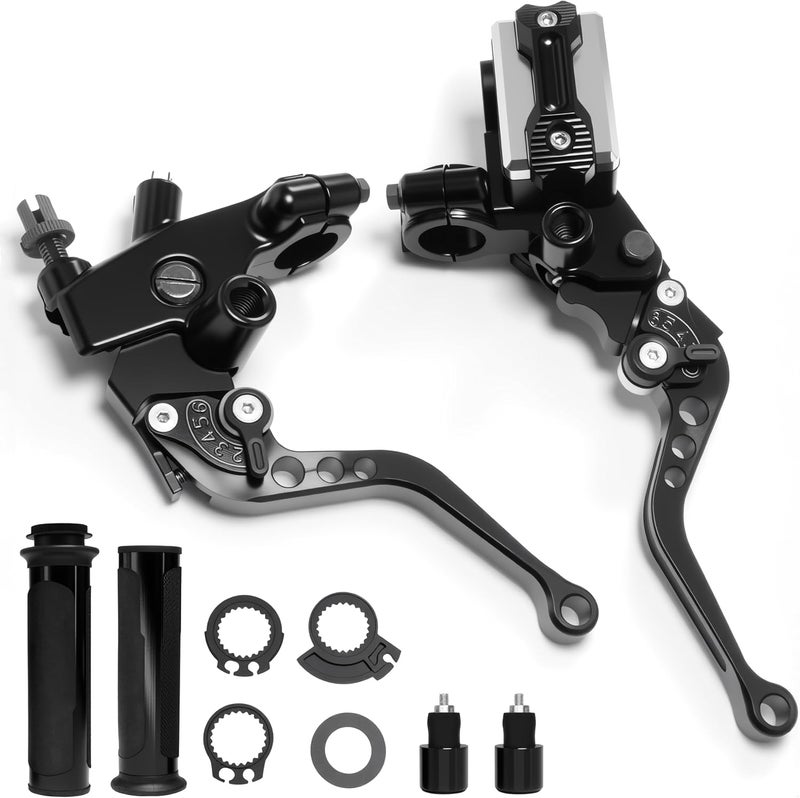 VUOZIP 7/8" 22mm Motorcycle Brake Lever Handlebar Master Cylinder Clutch Levers Left & Right Set + Hand Grips + Handlebar Ends Set for Harley Honda Kawasaki Suzuki Yamaha (Black) - Image 1